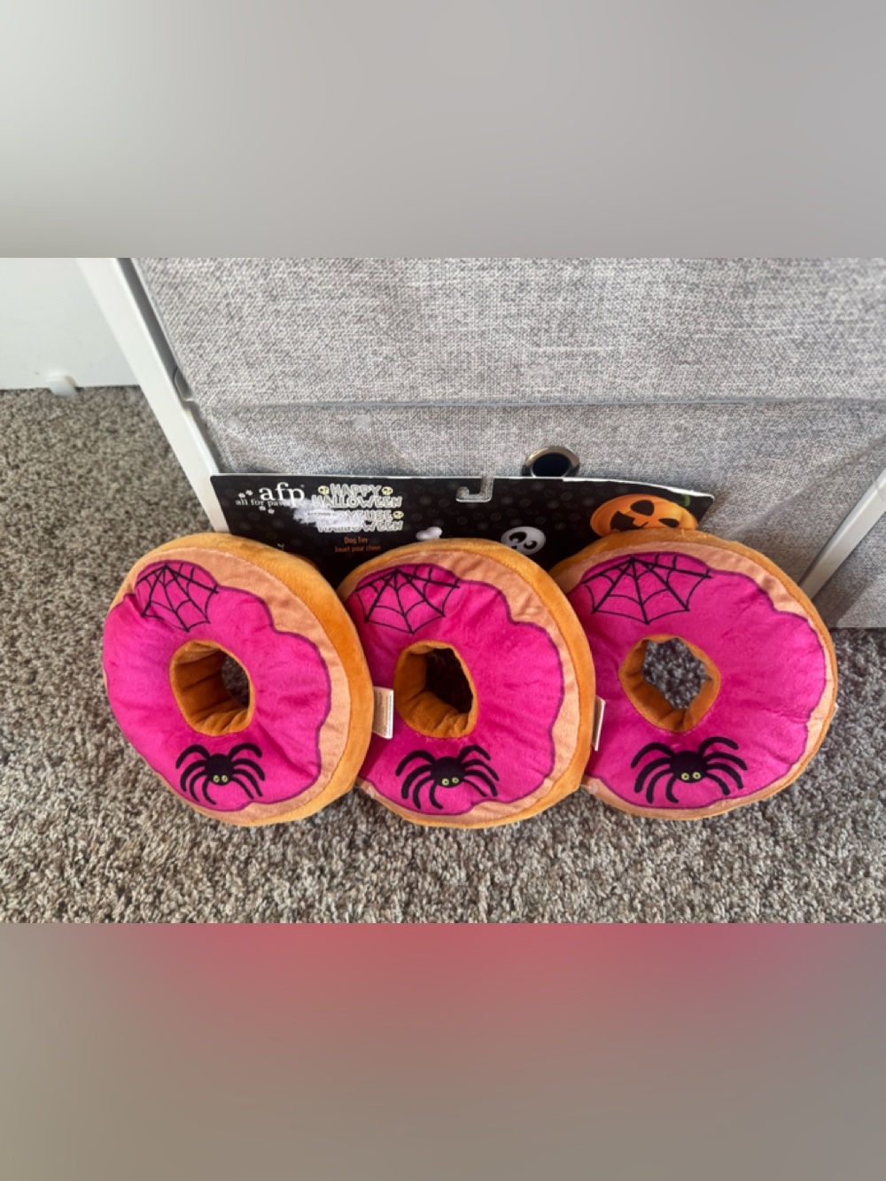 Pink & Tan Halloween Spider Donut Dog Toy with squeakers